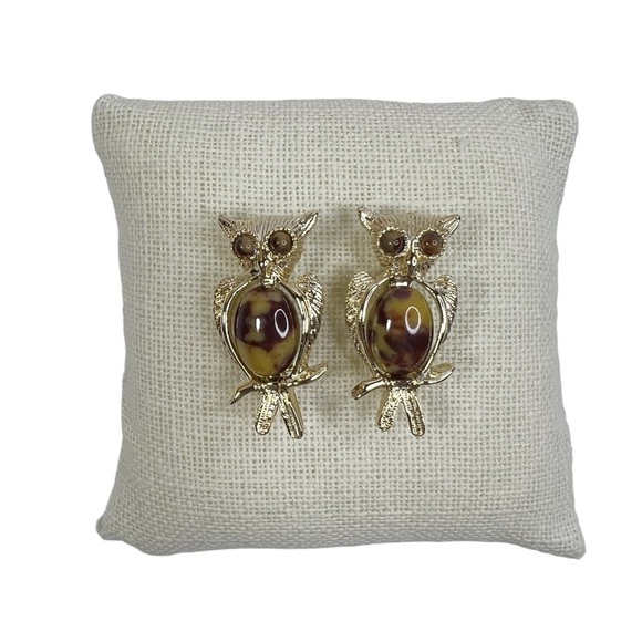 Vintage Owl Gold Tone Faux Tortoise Shell Cabochon Scatter Pins Brooch - Picture 1 of 9